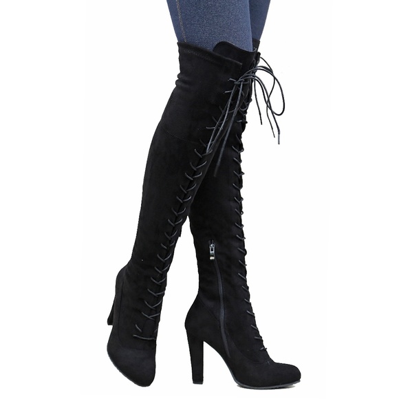 Black Stretchy Lace Up Over Knee Combat Heel Boots - Picture 3 of 6